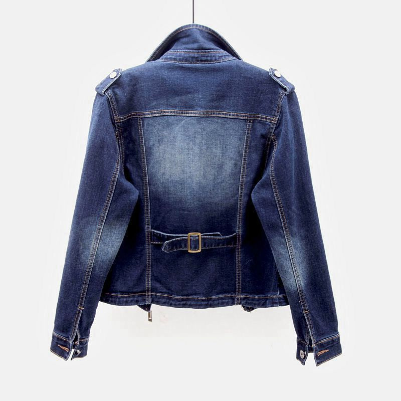 Bikerjakke i denim til damer med revers og lynlåse