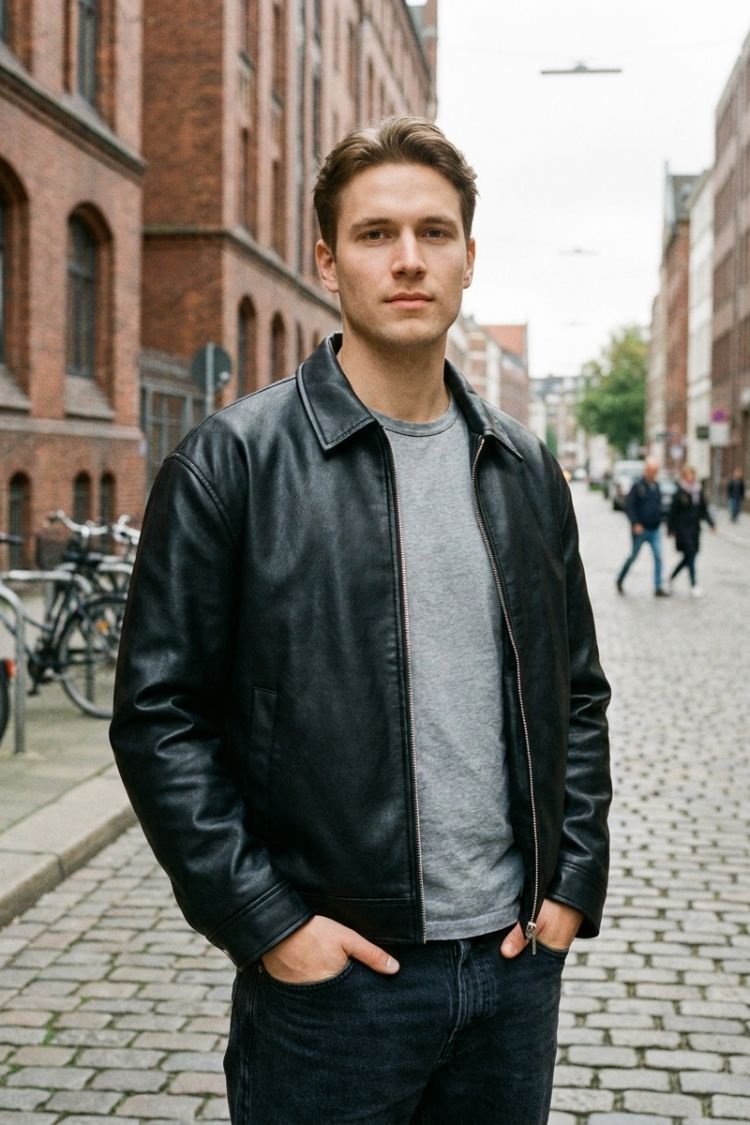 Sort jakke til mænd med krave og lynlås