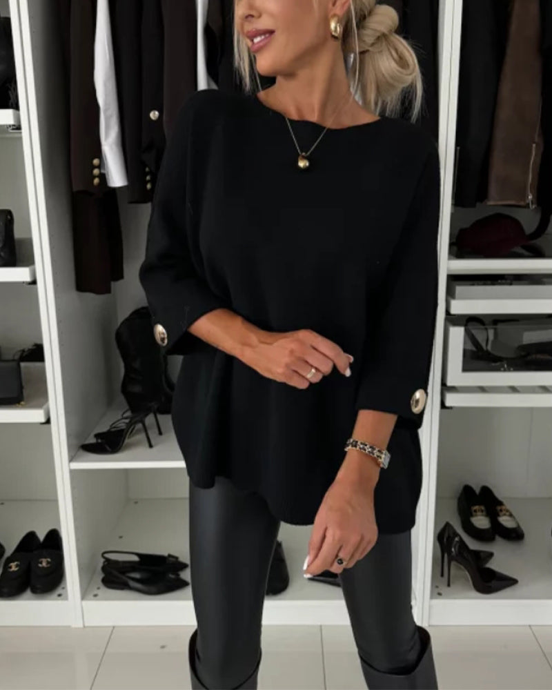 Maglione donna con scollo rotondo, manica 3/4, bottoni