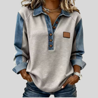 Sweatshirt til damer med denimkrave og knapper