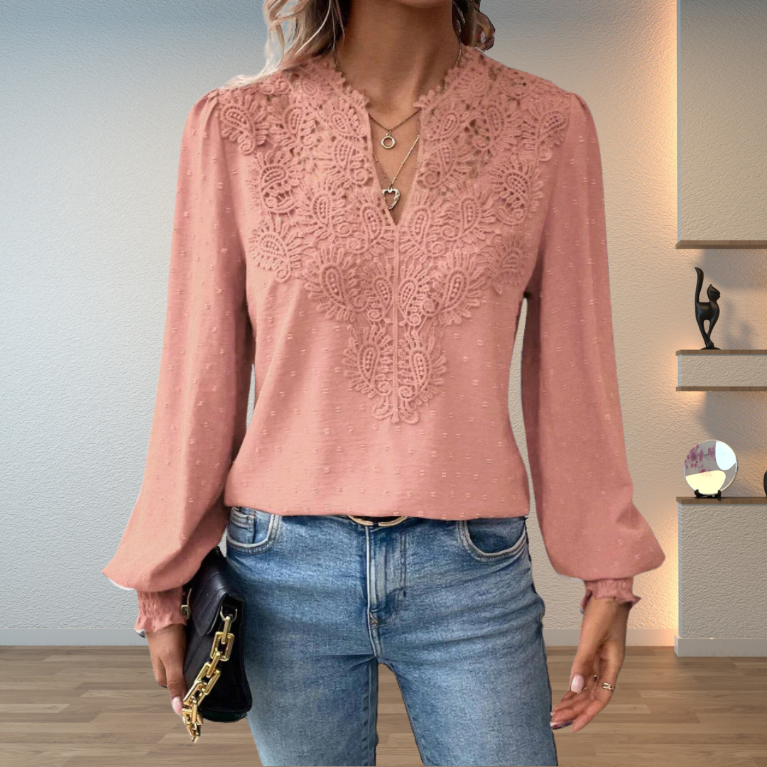 Camicetta donna in pizzo con scollo a V e maniche lunghe