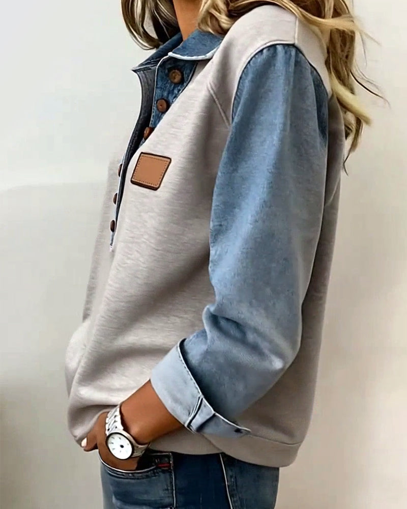Sweatshirt til damer med paneler, lange ærmer og krave