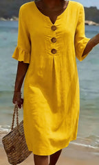 Vestido midi de mujer con botones y volante en la manga