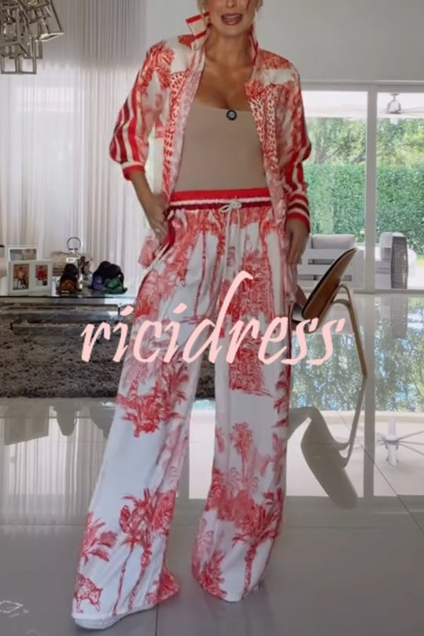 Completo donna a motivo vegetale rosso, camicia e pantaloni