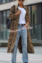 Abrigo midi de mujer de estampado de leopardo con solapas y manga larga