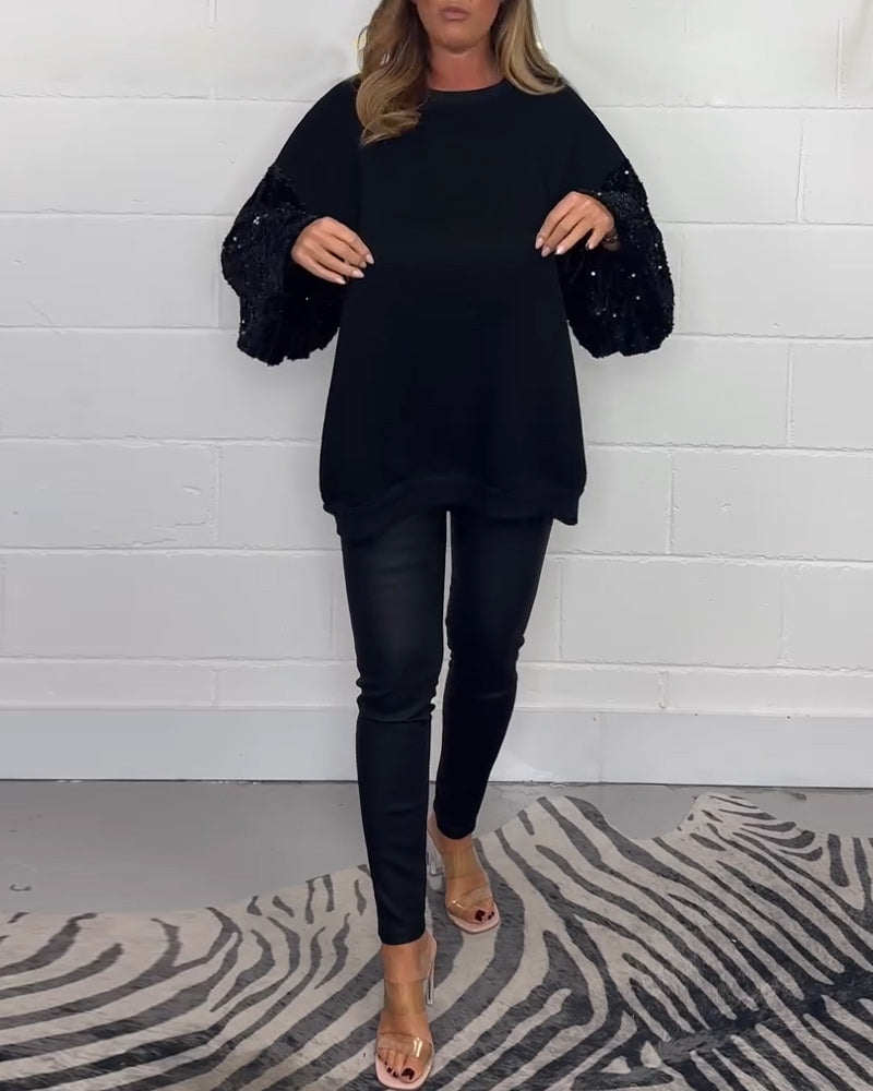 Sort sweatshirt til damer med dekorative ærmer med palietter