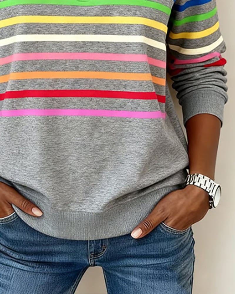Stribet sweatshirt til damer med høj krave og lynlås