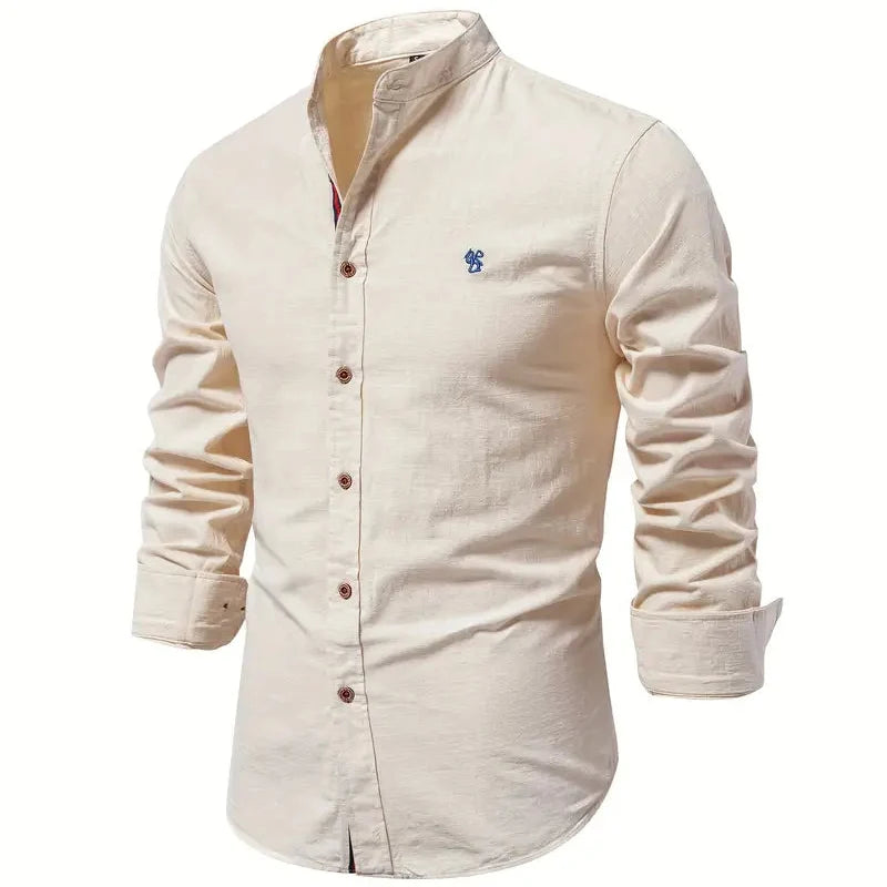 Men's Long Sleeve Shirt With Mandarin Collar and Buttons