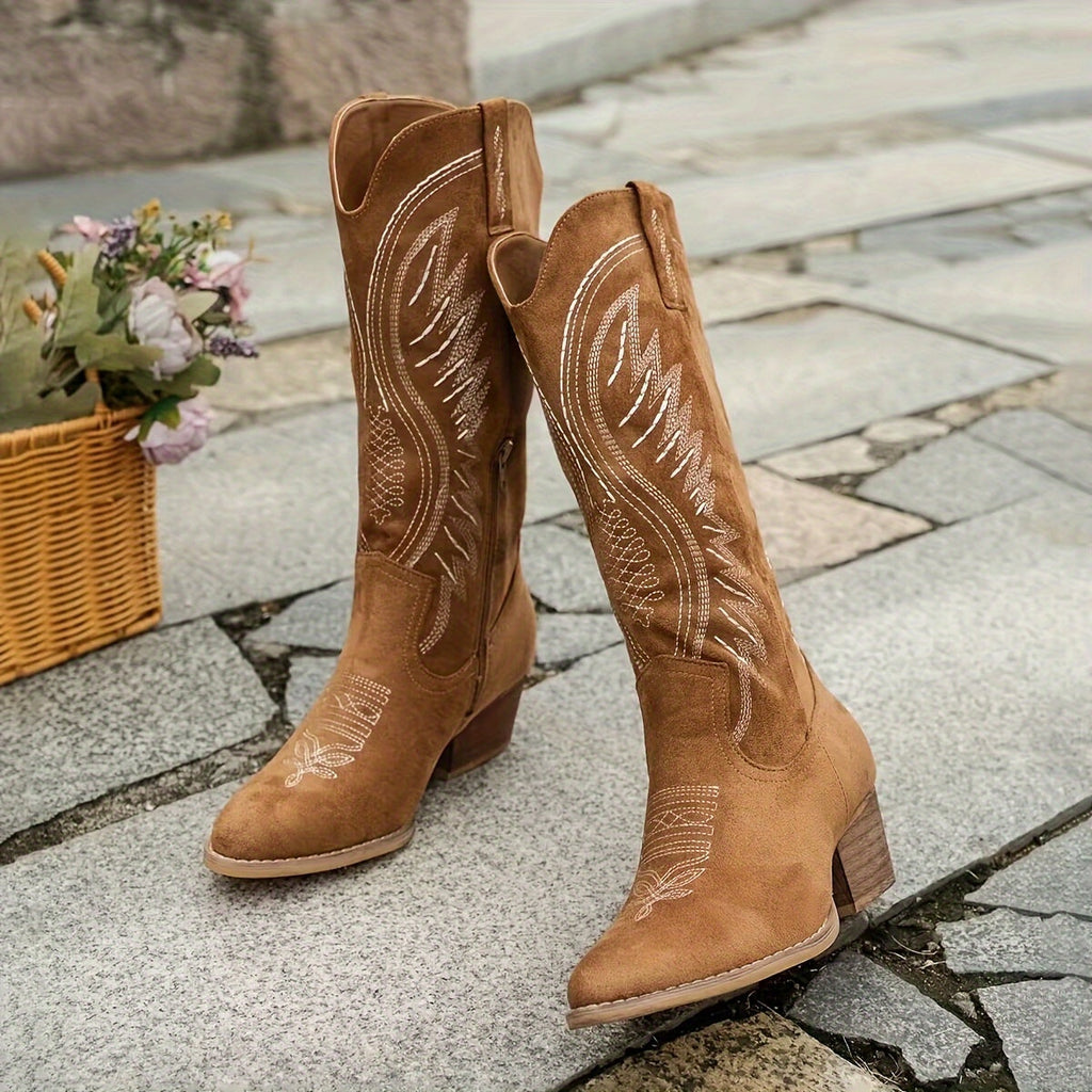 Cizme de damă cowboy până la genunchi cu broderie și toc înalt