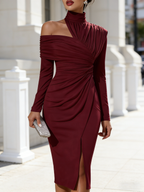 Rochie de damă midi asimetrică drapată, un umăr