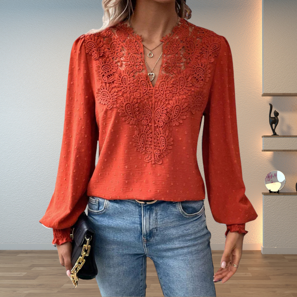 Blusa de renda de mulher com decote em V e mangas compridas