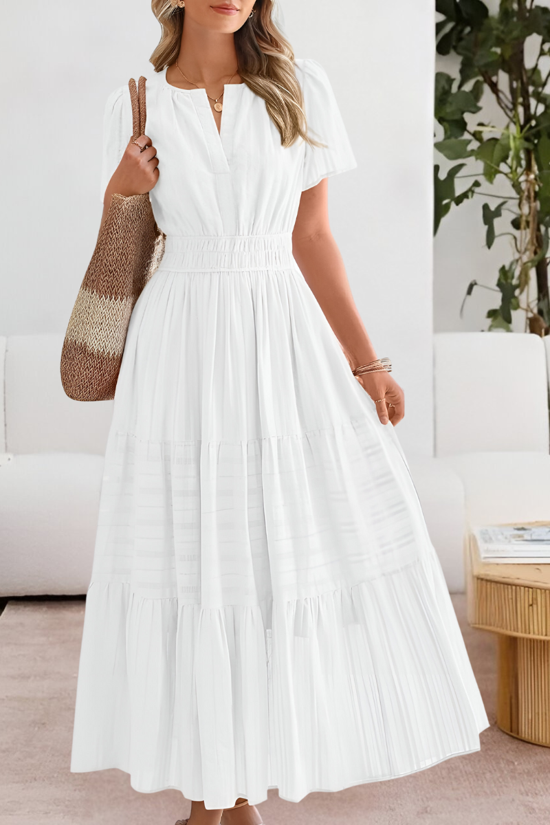 Vestito midi boho donna, vita arricciata, gonna a strati