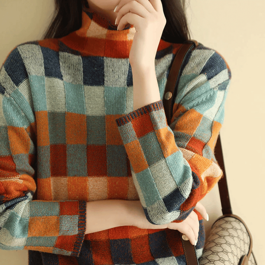Maglione donna a collo alto con motivo patchwork