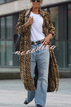 Abrigo midi de mujer de estampado de leopardo con solapas y manga larga