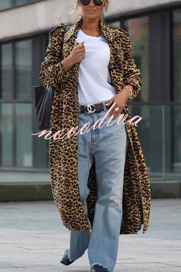 Abrigo midi de mujer de estampado de leopardo con solapas y manga larga