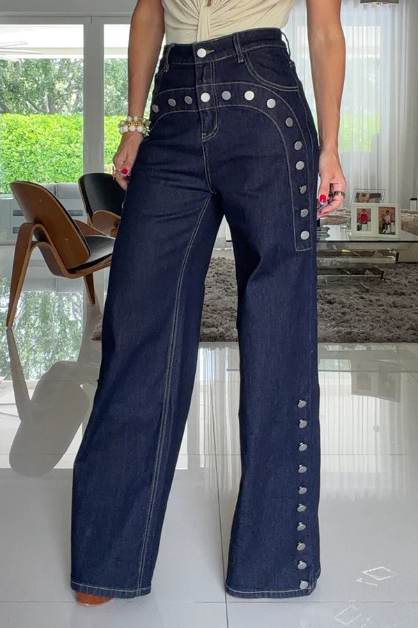 Jeans til damer med høj talje, vide ben og knapper