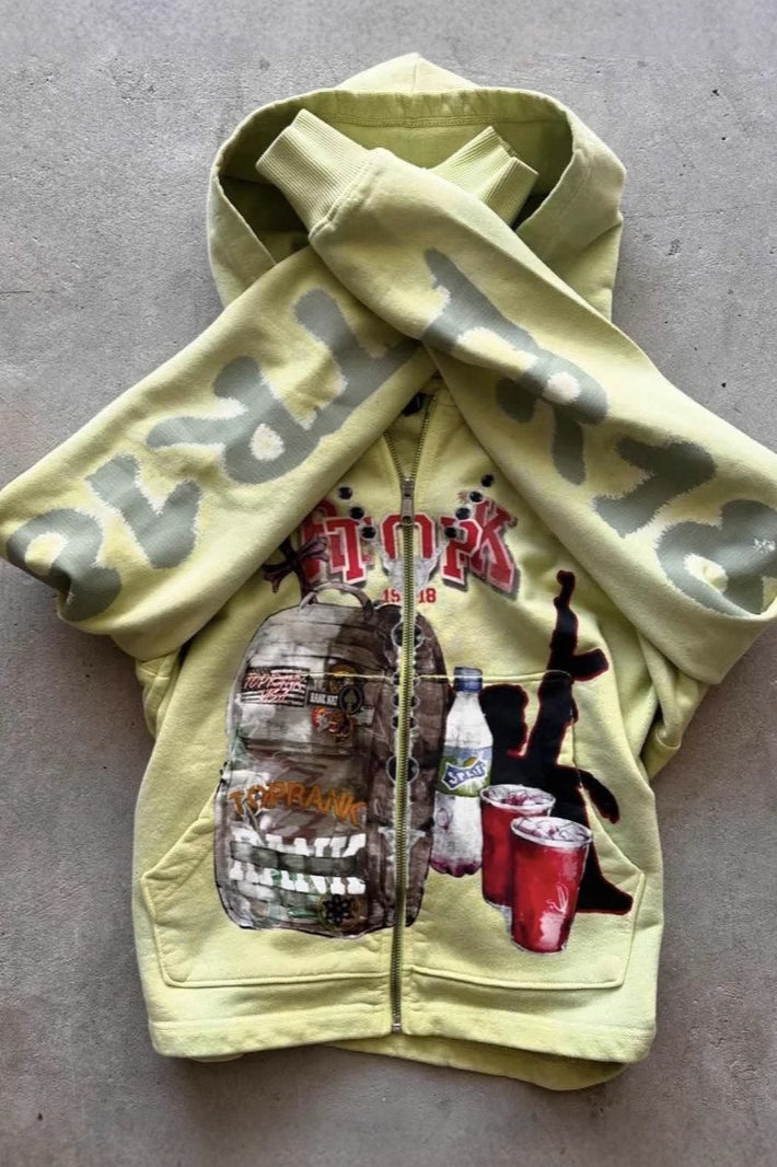 Sweat à capuche zippé graffiti jaune