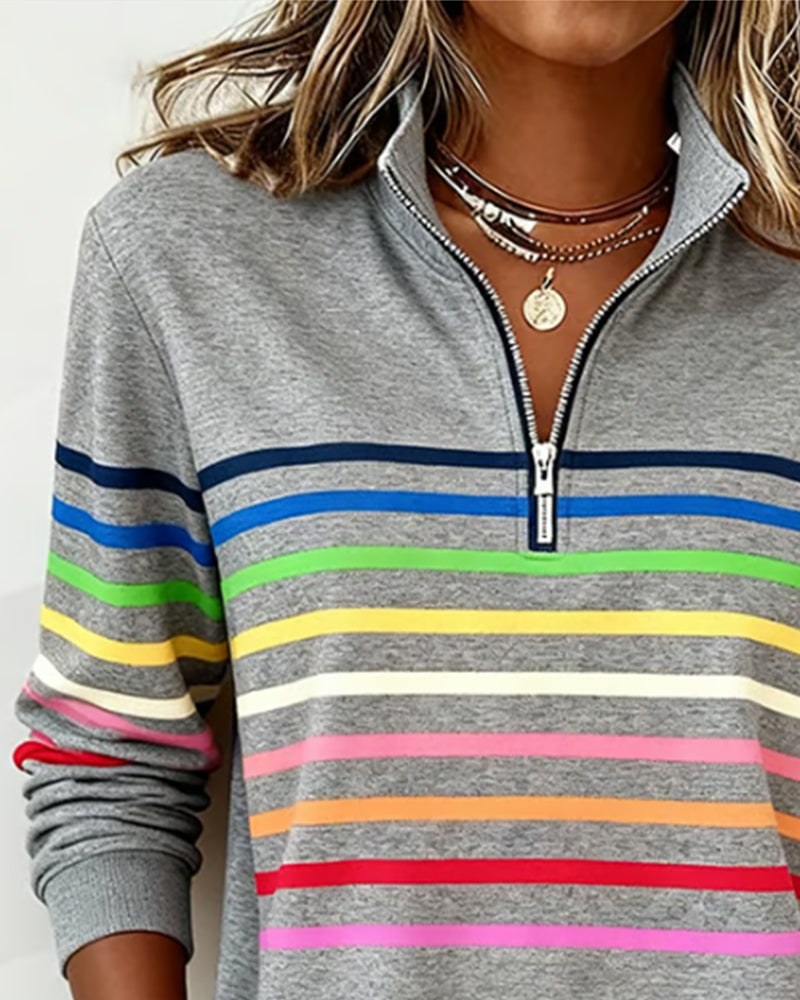 Stribet sweatshirt til damer med høj krave og lynlås