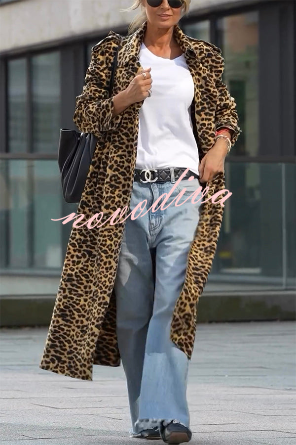 Abrigo midi de mujer de estampado de leopardo con solapas y manga larga