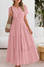 Vestito midi boho donna, vita arricciata, gonna a strati