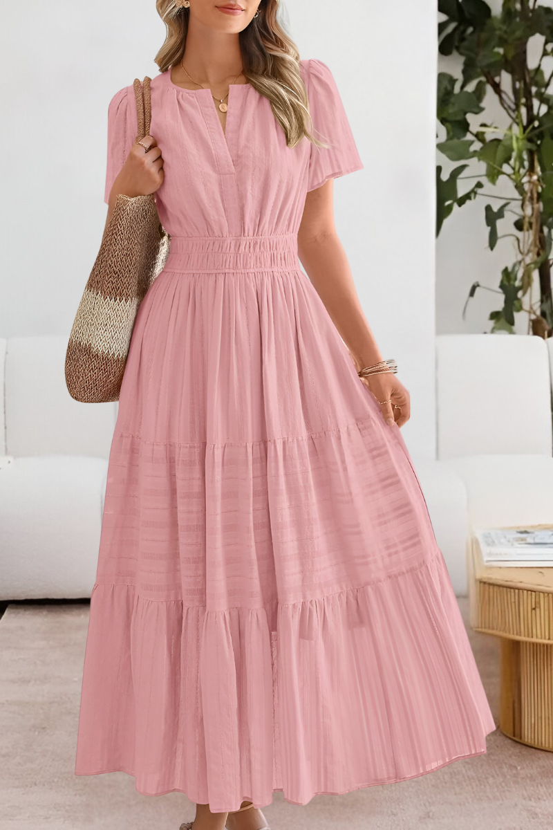 Vestito midi boho donna, vita arricciata, gonna a strati