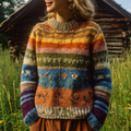 Stribet sweater til damer med rund hals, orange