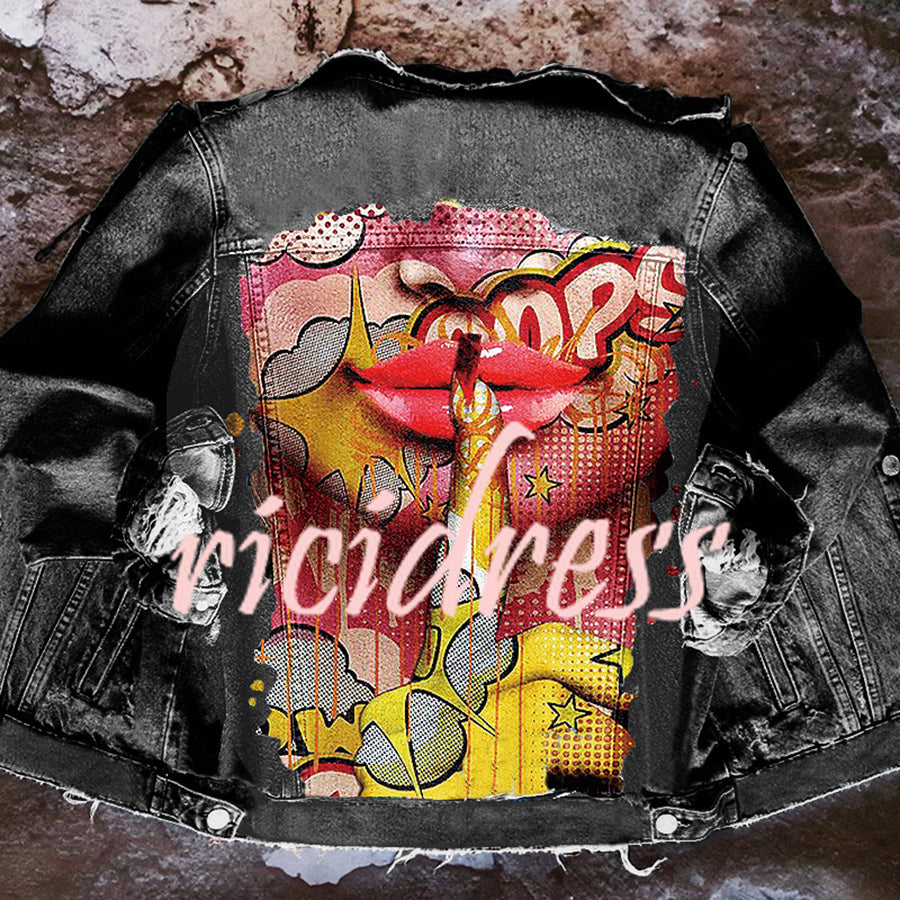 Veste en jean femme à manches longues et imprimé