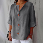 Blouse oversize femme col V, manches 3/4 retroussées
