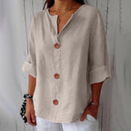 Blouse oversize femme col V, manches 3/4 retroussées