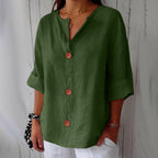 Blusa oversize de mulher com decote em V e botões, manga 3/4