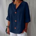 Blouse oversize femme col V, manches 3/4 retroussées