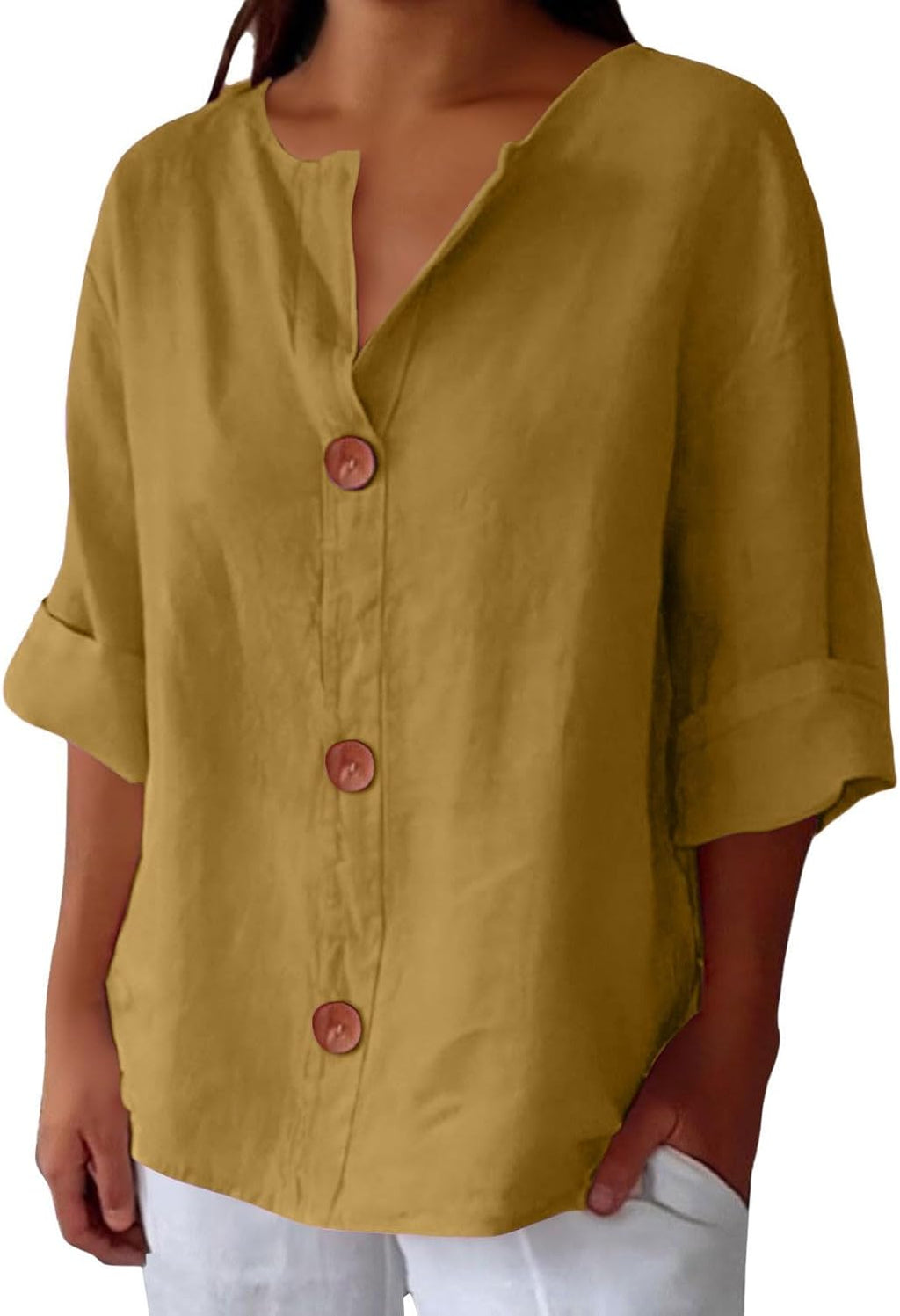 Blusa oversize de mulher com decote em V e botões, manga 3/4