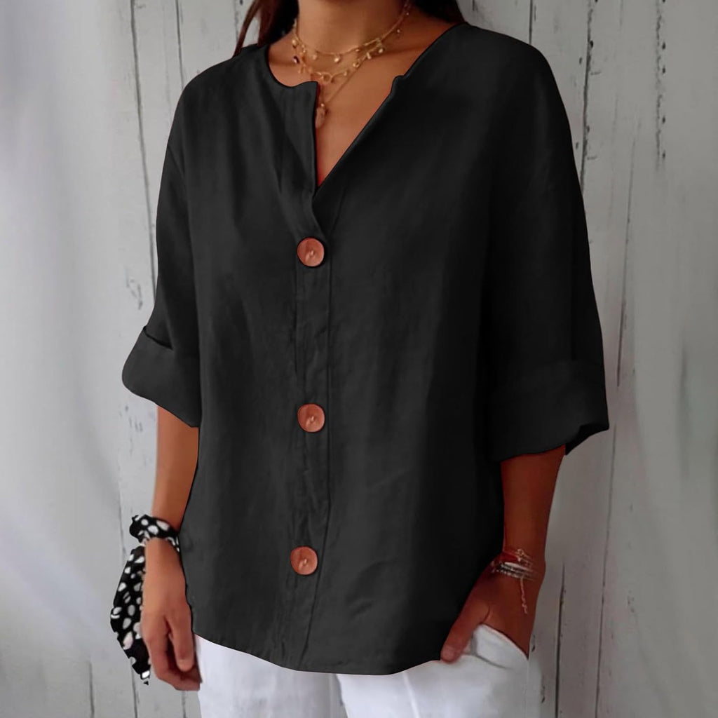 Blusa oversize de mulher com decote em V e botões, manga 3/4