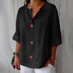 Blusa oversize de mulher com decote em V e botões, manga 3/4