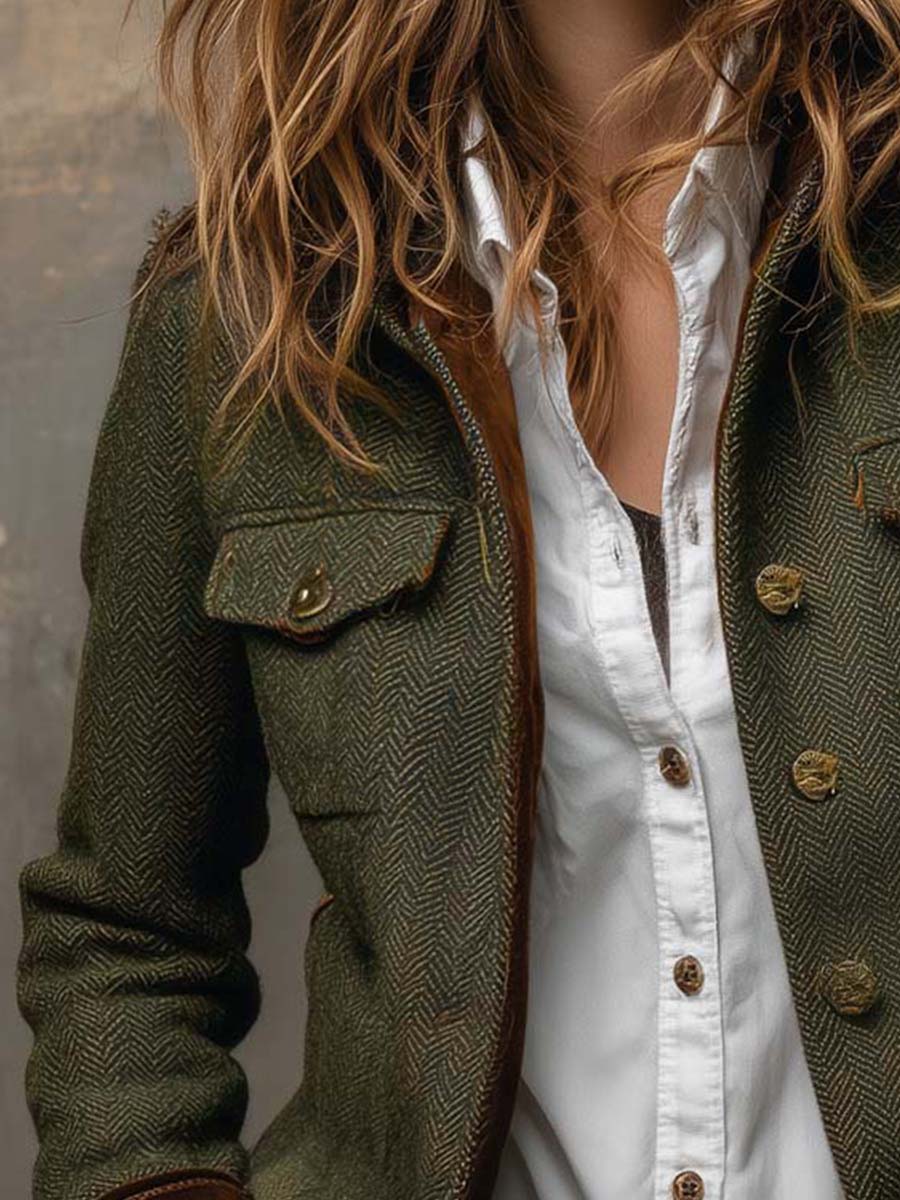 Olivengrøn blazer til damer med sildebensmønster og kontrasterende kant