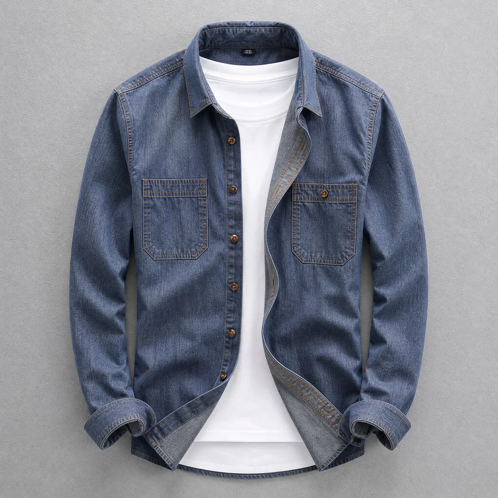 Cămașă bărbătească din denim cu mânecă lungă și buzunare