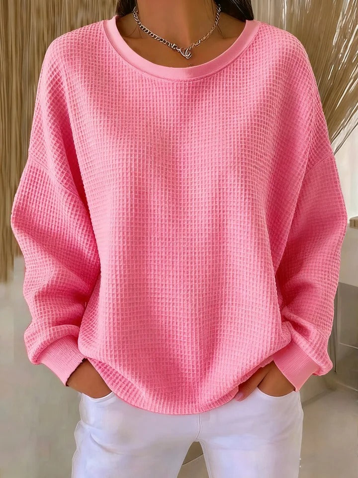 Sweater til damer med rund hals, lange ærmer og struktur