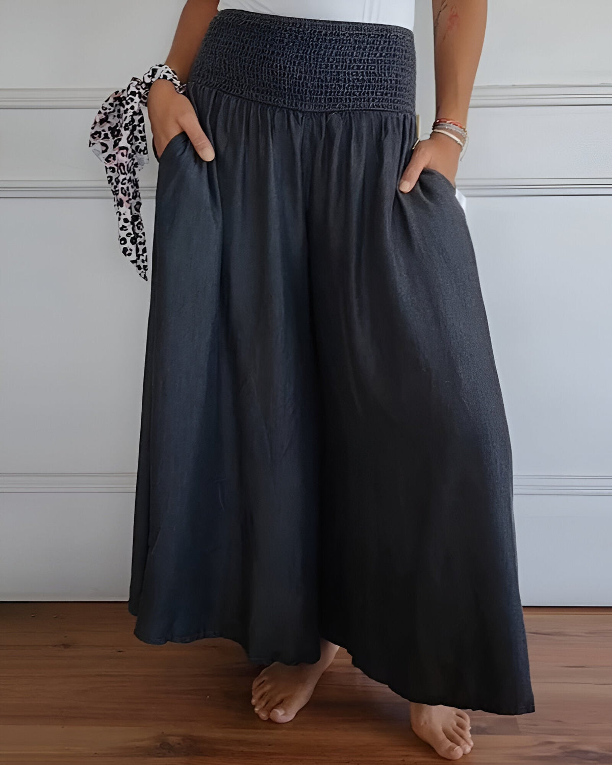 Jupe longue femme à taille froncée, ample, avec poches