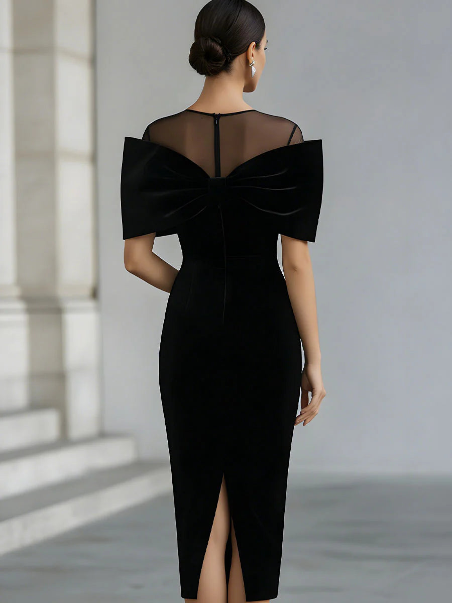 Rochie de damă midi neagră, catifelată, cu fundă