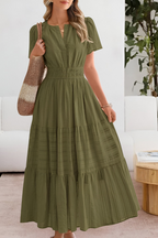 Vestito midi boho donna, vita arricciata, gonna a strati