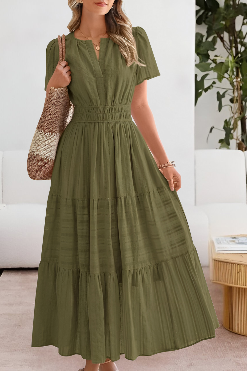 Vestito midi boho donna, vita arricciata, gonna a strati