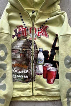 Sweat à capuche zippé graffiti jaune