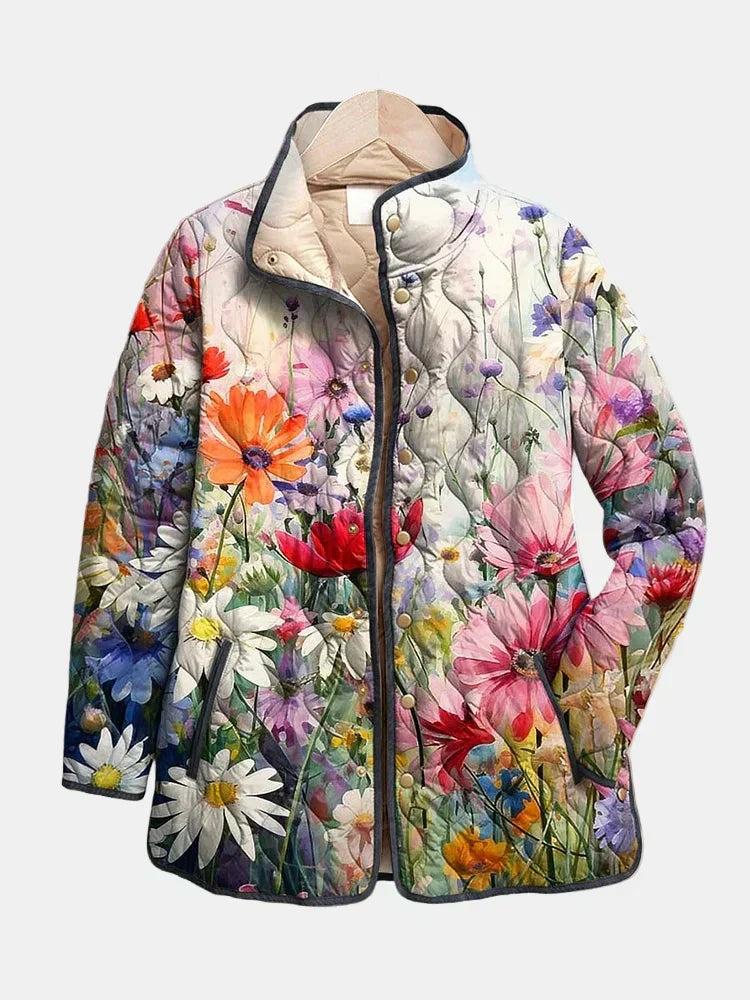 Chaqueta acolchada de flores de mujer con cuello mao y botones