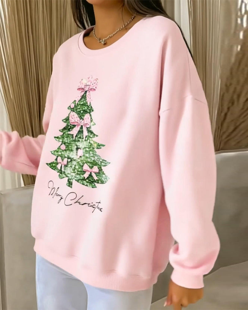 Sweatshirt til damer med juletræsprint og rund hals