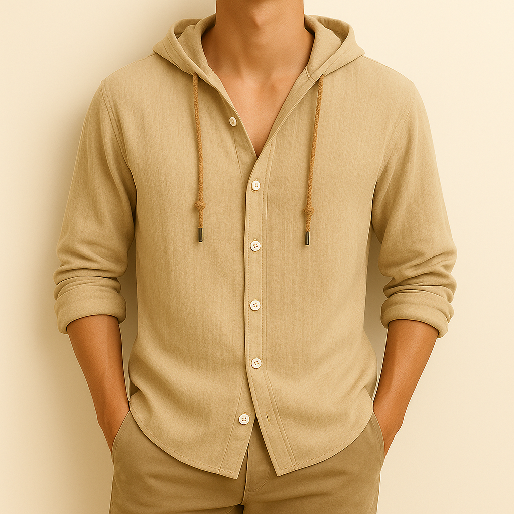 Camicia uomo con cappuccio, maniche lunghe e bottoni