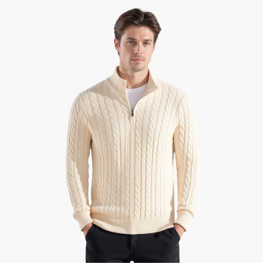 Camisola de malha de tranças de homem com gola subida e fecho, conjunto de 5