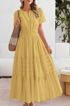 Vestito midi boho donna, vita arricciata, gonna a strati