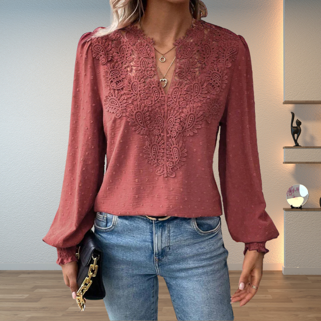 Camicetta donna in pizzo con scollo a V e maniche lunghe
