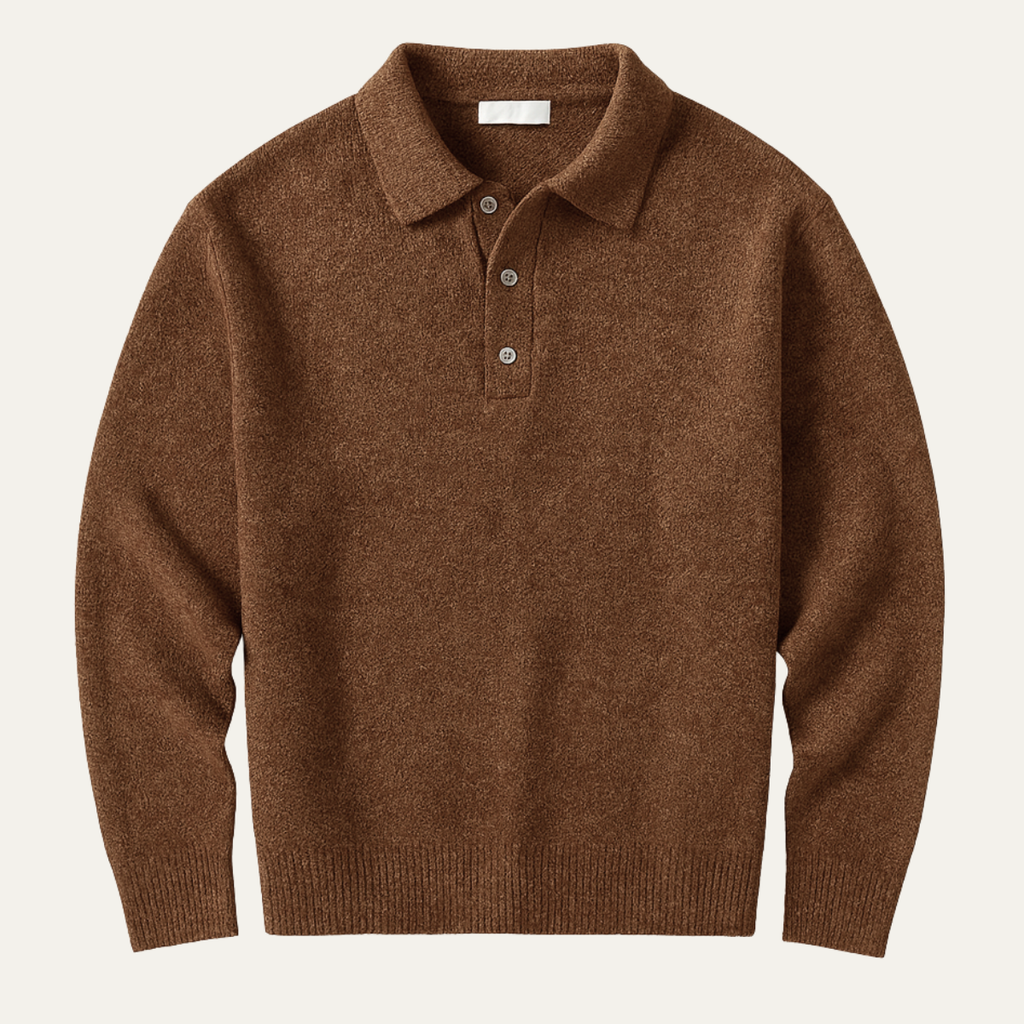 Męski dzianinowy sweter polo z kołnierzykiem, guzikami i długimi rękawami