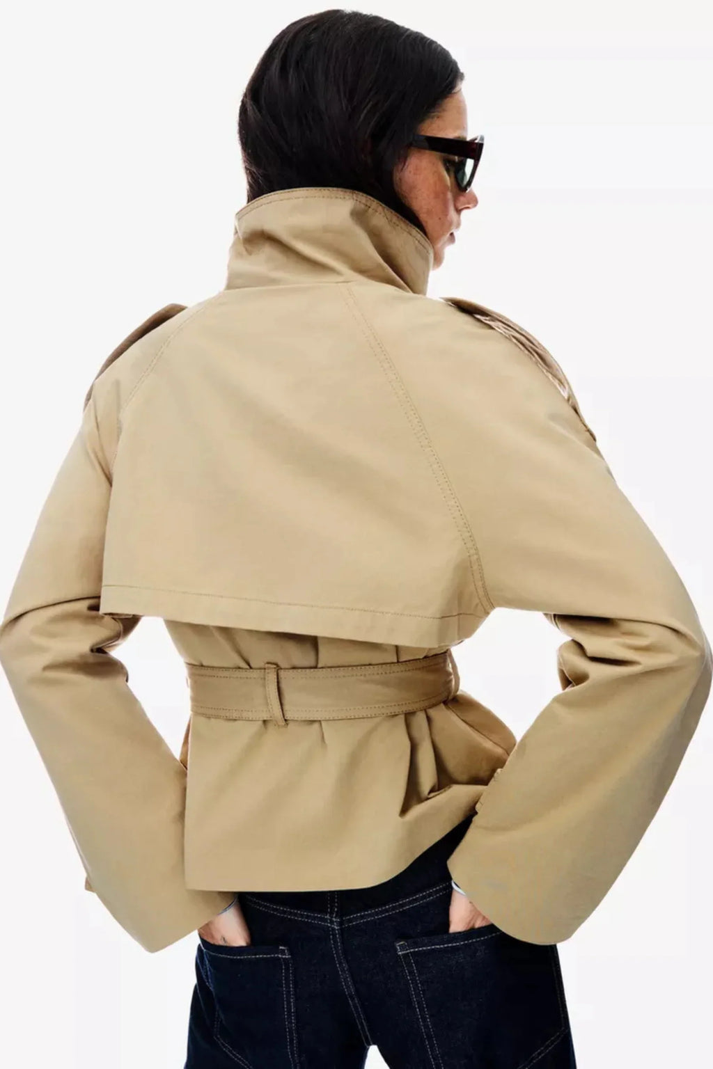 Giacca donna corta in stile trench doppiopetto con cintura
